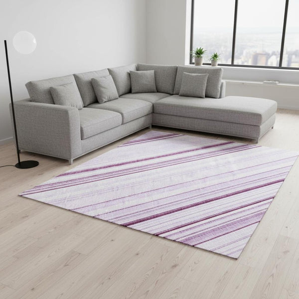 HomeRoots 10' X 14' Soft Lavender & Ivory Striped Washable Area Rug with UV Protection for Stylish Living Spaces 677495