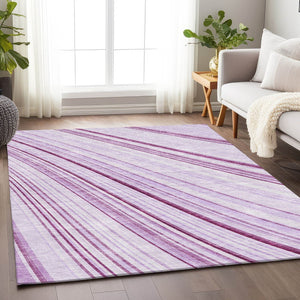 HomeRoots 10' X 14' Soft Lavender & Ivory Striped Washable Area Rug with UV Protection for Stylish Living Spaces 677495