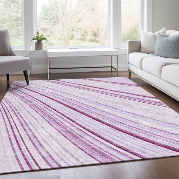 HomeRoots 10' X 14' Soft Lavender & Ivory Striped Washable Area Rug with UV Protection for Stylish Living Spaces 677495
