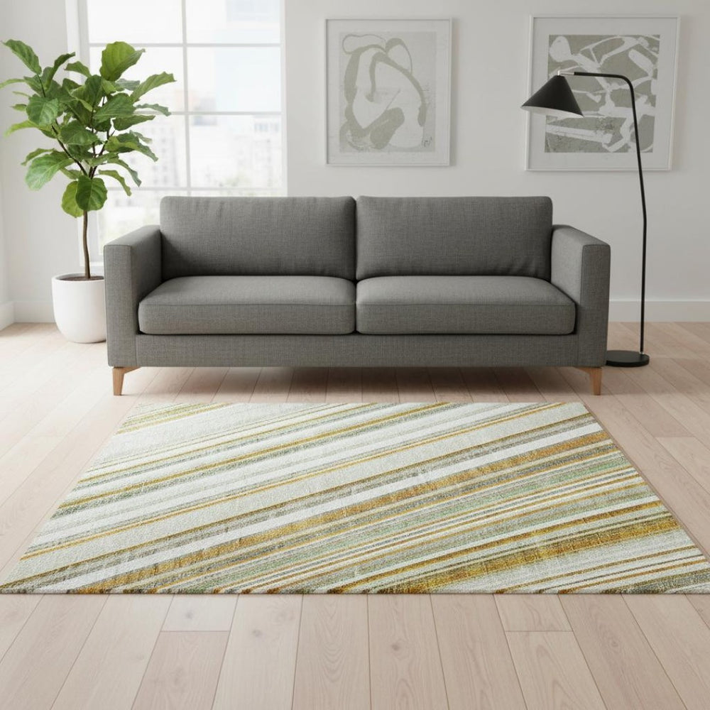 HomeRoots 5' X 8' Durable and Stylish Gold & Sage Striped Area Rug with UV Protection for Busy Homes 677497