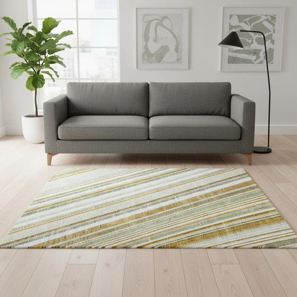 HomeRoots 5' X 8' Durable and Stylish Gold & Sage Striped Area Rug with UV Protection for Busy Homes 677497
