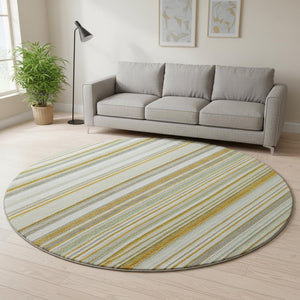 HomeRoots 8' Linen Gold and Sage Striped Washable Round Rug - Durable, UV Protected, Ideal for Busy Homes! 677498