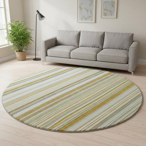 HomeRoots 8' Linen Gold and Sage Striped Washable Round Rug - Durable, UV Protected, Ideal for Busy Homes! 677498
