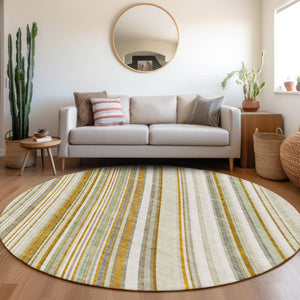 HomeRoots 8' Linen Gold and Sage Striped Washable Round Rug - Durable, UV Protected, Ideal for Busy Homes! 677498