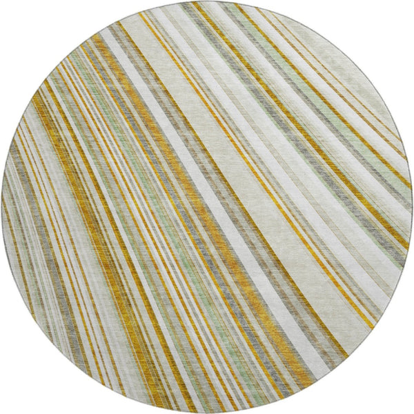 HomeRoots 8' Linen Gold and Sage Striped Washable Round Rug - Durable, UV Protected, Ideal for Busy Homes! 677498
