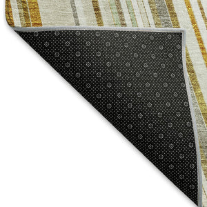 HomeRoots 8' Linen Gold and Sage Striped Washable Round Rug - Durable, UV Protected, Ideal for Busy Homes! 677498
