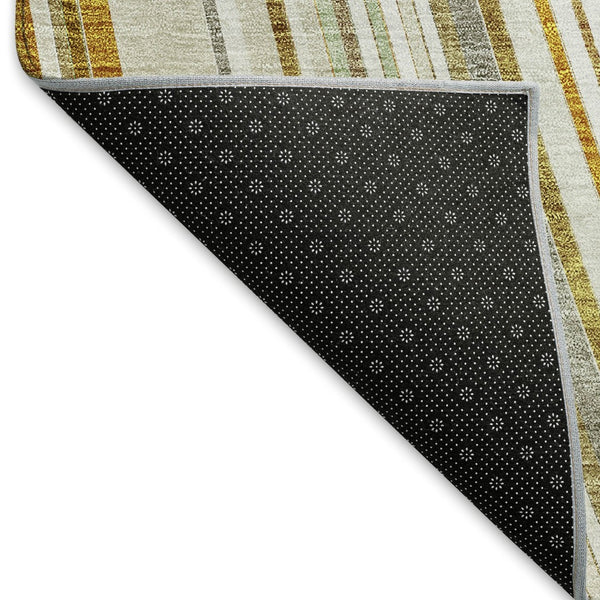 HomeRoots 8' Linen Gold and Sage Striped Washable Round Rug - Durable, UV Protected, Ideal for Busy Homes! 677498