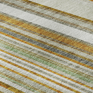 HomeRoots 8' Linen Gold and Sage Striped Washable Round Rug - Durable, UV Protected, Ideal for Busy Homes! 677498