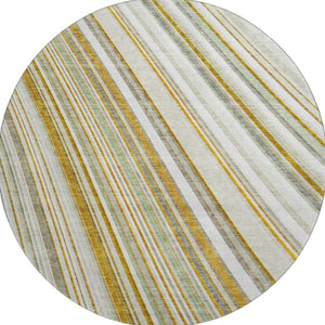 HomeRoots 8' Linen Gold and Sage Striped Washable Round Rug - Durable, UV Protected, Ideal for Busy Homes! 677498