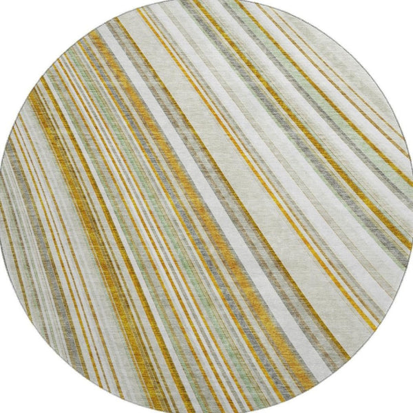 HomeRoots 8' Linen Gold and Sage Striped Washable Round Rug - Durable, UV Protected, Ideal for Busy Homes! 677498