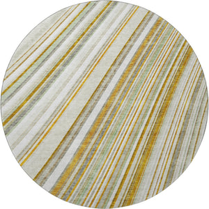 HomeRoots 8' Linen Gold and Sage Striped Washable Round Rug - Durable, UV Protected, Ideal for Busy Homes! 677498