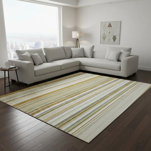 HomeRoots 8' X 10' Linen Gold and Sage Striped Washable Area Rug - Stain Resistant, UV Protected, Easy Care! 677499