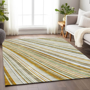 HomeRoots 8' X 10' Linen Gold and Sage Striped Washable Area Rug - Stain Resistant, UV Protected, Easy Care! 677499