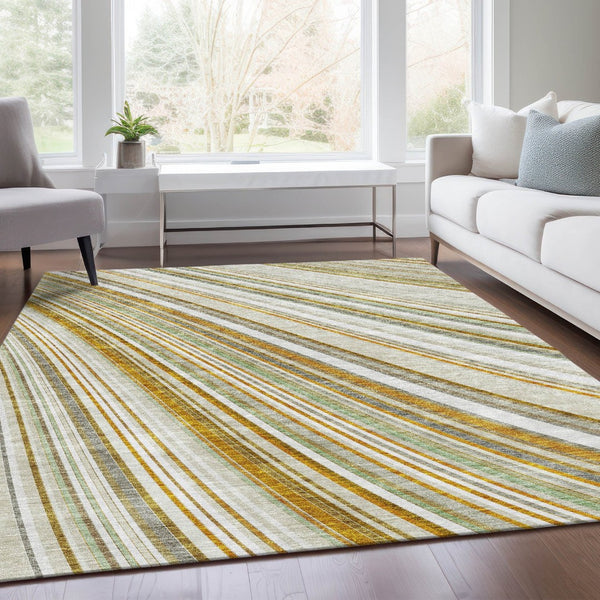 HomeRoots 8' X 10' Linen Gold and Sage Striped Washable Area Rug - Stain Resistant, UV Protected, Easy Care! 677499