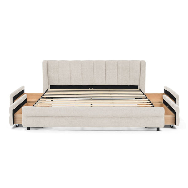 English Elm Queen Chenille Upholstered Storage Bed Wingback Headboard Platform Frame Bedroom Beige W487S00417