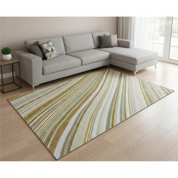 HomeRoots 9' X 12' Linen Gold and Sage Striped Area Rug - Durable, Washable, UV-Protected for Homes with Kids & Pets 677500