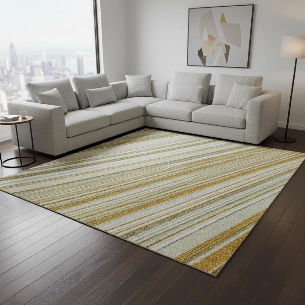HomeRoots 10' x 14' Striped Washable Area Rug in Gold & Sage - UV Protected, Stain-Resistant, Durable Design 677501