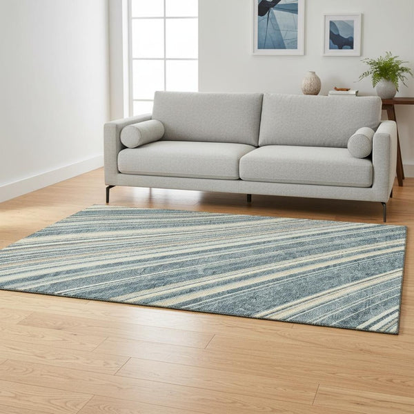 HomeRoots 5' X 8' Stylish Sky Blue Striped Area Rug - Washable, UV Protected, Perfect for Busy Family Spaces! 677503
