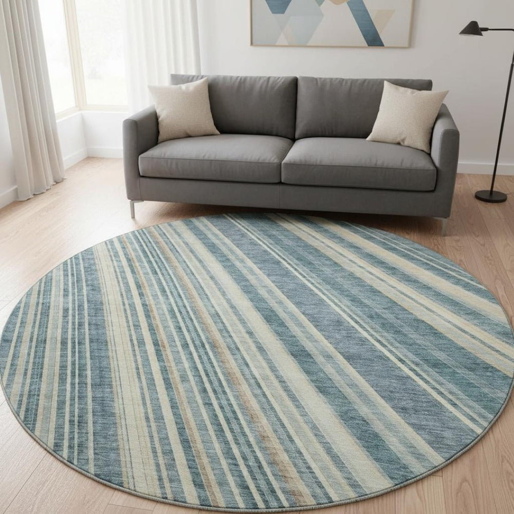 HomeRoots 8' Sky Blue Tan and Beige Striped Round Area Rug - Washable, UV Protected, Durable for High-Traffic Spaces 677504