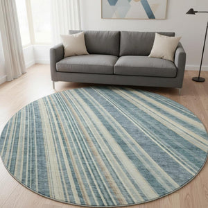 HomeRoots 8' Sky Blue Tan and Beige Striped Round Area Rug - Washable, UV Protected, Durable for High-Traffic Spaces 677504