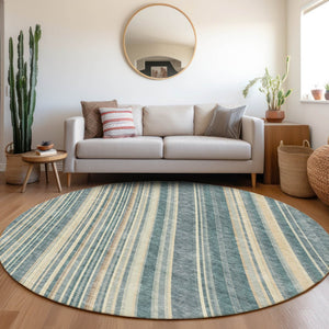 HomeRoots 8' Sky Blue Tan and Beige Striped Round Area Rug - Washable, UV Protected, Durable for High-Traffic Spaces 677504