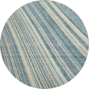 HomeRoots 8' Sky Blue Tan and Beige Striped Round Area Rug - Washable, UV Protected, Durable for High-Traffic Spaces 677504