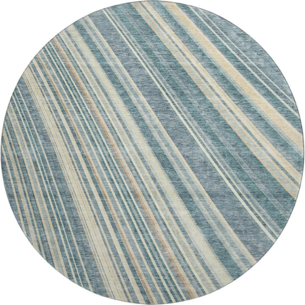 HomeRoots 8' Sky Blue Tan and Beige Striped Round Area Rug - Washable, UV Protected, Durable for High-Traffic Spaces 677504