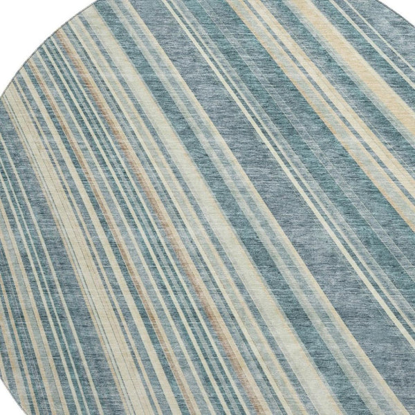 HomeRoots 8' Sky Blue Tan and Beige Striped Round Area Rug - Washable, UV Protected, Durable for High-Traffic Spaces 677504