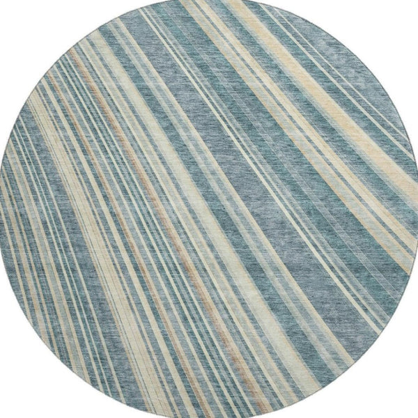HomeRoots 8' Sky Blue Tan and Beige Striped Round Area Rug - Washable, UV Protected, Durable for High-Traffic Spaces 677504