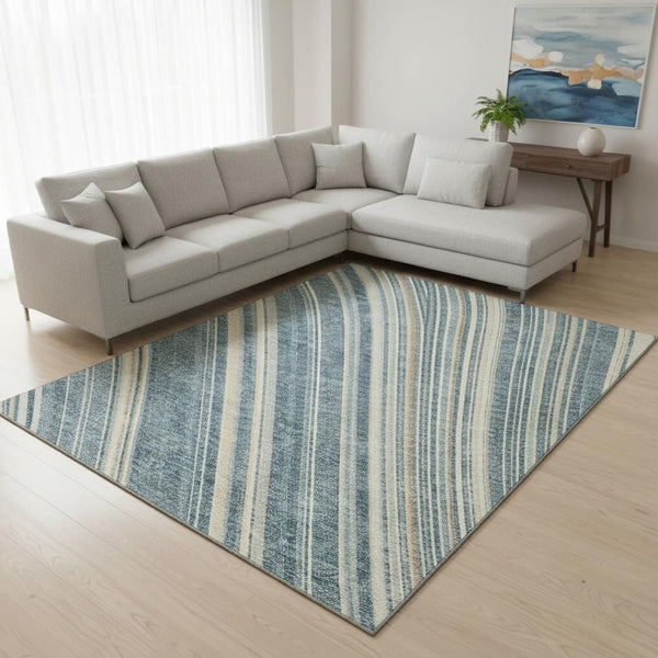 HomeRoots 8' X 10' Sky Blue Striped Area Rug - Washable, UV Protected, Soft Polyester for Indoor & Outdoor Use 677505