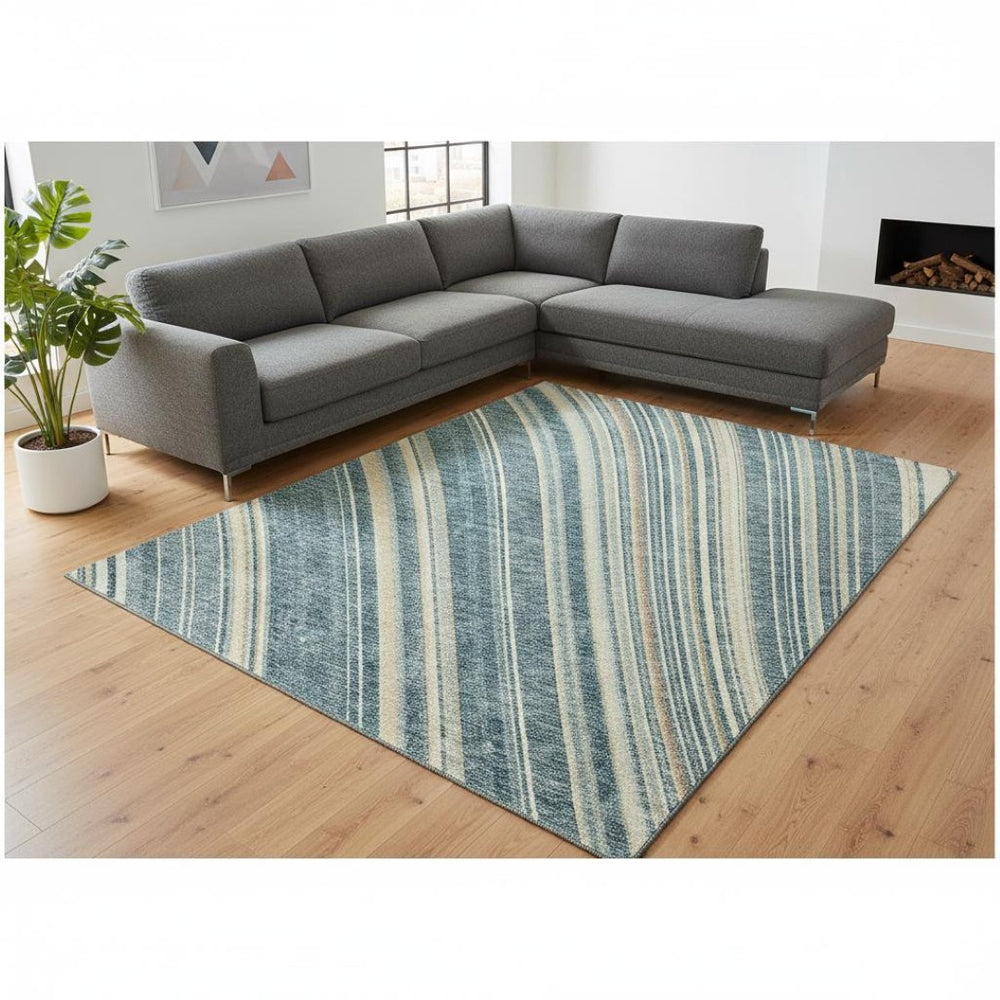 HomeRoots 9' X 12' Sky Blue Tan Beige Striped Washable Area Rug with UV Protection for Modern Homes & Patios 677506