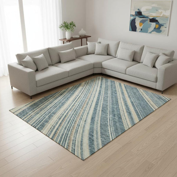 HomeRoots 10' Sky Blue, Tan & Beige Striped Area Rug - Washable, UV Protected, Stain-Resistant, Durable Design! 677507