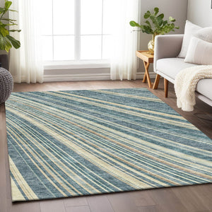 HomeRoots 10' Sky Blue, Tan & Beige Striped Area Rug - Washable, UV Protected, Stain-Resistant, Durable Design! 677507
