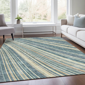 HomeRoots 10' Sky Blue, Tan & Beige Striped Area Rug - Washable, UV Protected, Stain-Resistant, Durable Design! 677507
