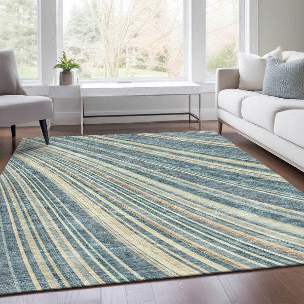 HomeRoots 10' Sky Blue, Tan & Beige Striped Area Rug - Washable, UV Protected, Stain-Resistant, Durable Design! 677507