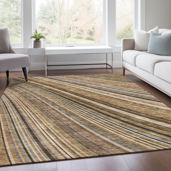 HomeRoots 5' X 8' Durable Taupe Brown & Beige Striped Washable Area Rug with UV Protection for Busy Homes 677509