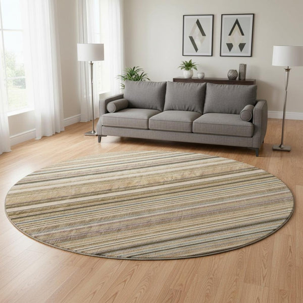 HomeRoots 8' Taupe Brown & Beige Striped Washable Round Rug - Durable, UV-Protected, Pet-Friendly Design! 677510