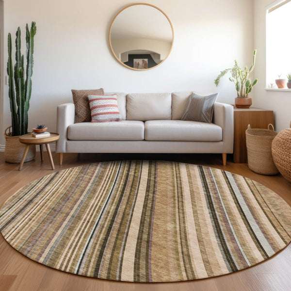 HomeRoots 8' Taupe Brown & Beige Striped Washable Round Rug - Durable, UV-Protected, Pet-Friendly Design! 677510
