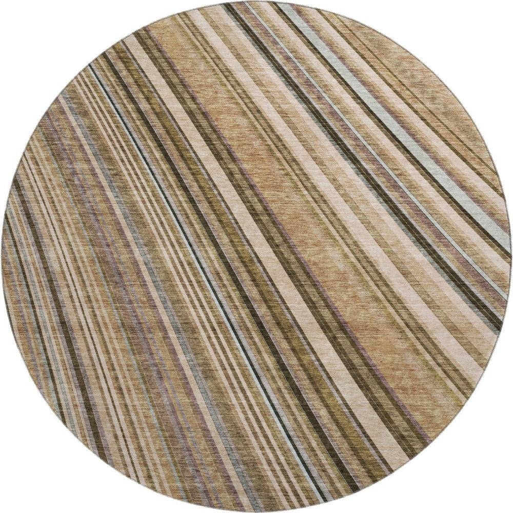 HomeRoots 8' Taupe Brown & Beige Striped Washable Round Rug - Durable, UV-Protected, Pet-Friendly Design! 677510