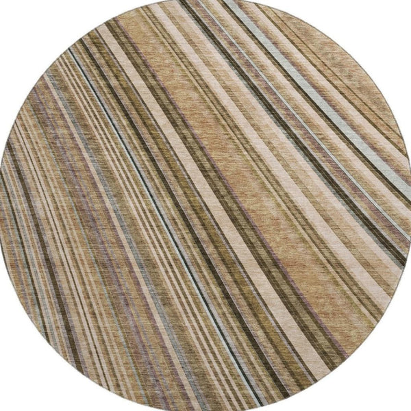 HomeRoots 8' Taupe Brown & Beige Striped Washable Round Rug - Durable, UV-Protected, Pet-Friendly Design! 677510