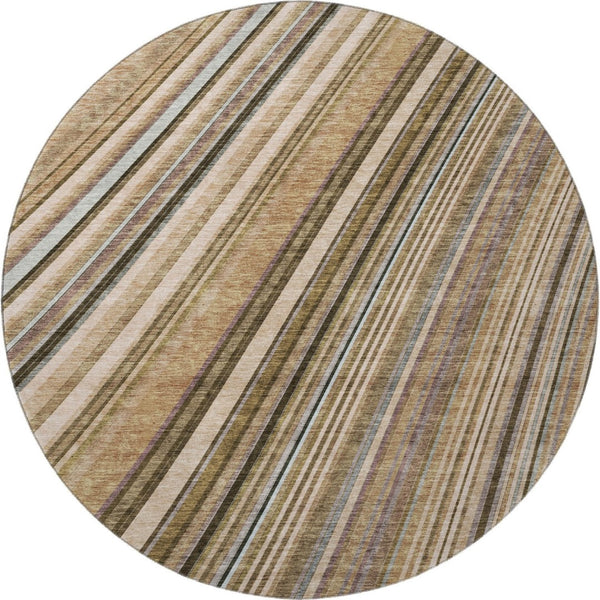 HomeRoots 8' Taupe Brown & Beige Striped Washable Round Rug - Durable, UV-Protected, Pet-Friendly Design! 677510