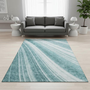 HomeRoots 5' X 8' Teal And Ivory Striped Washable Area Rug - Durable, UV Protected, and Easy to Clean for Homes 677515
