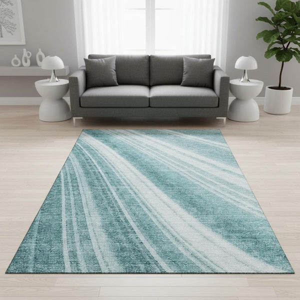 HomeRoots 5' X 8' Teal And Ivory Striped Washable Area Rug - Durable, UV Protected, and Easy to Clean for Homes 677515
