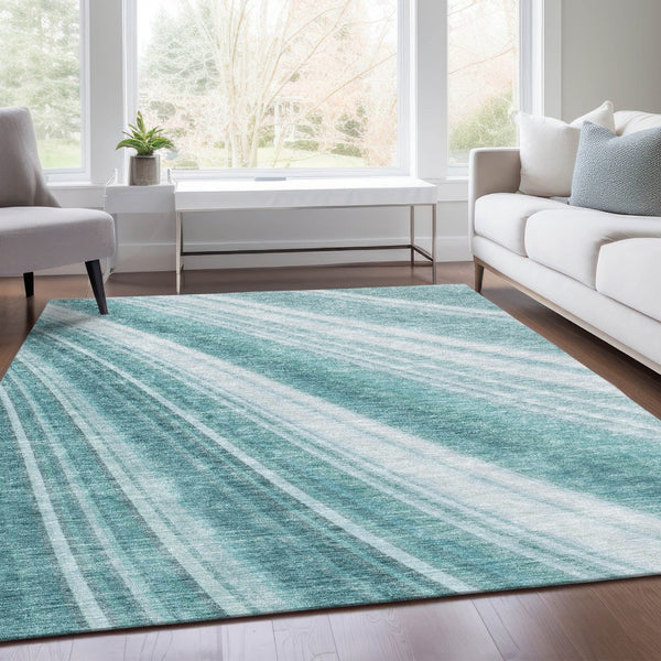 HomeRoots 5' X 8' Teal And Ivory Striped Washable Area Rug - Durable, UV Protected, and Easy to Clean for Homes 677515