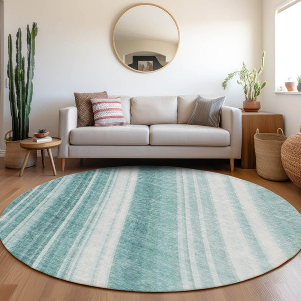 HomeRoots 8' Teal and Ivory Striped Round Rug - Washable, UV Protected, Soft Comfort for High-Traffic Areas 677516