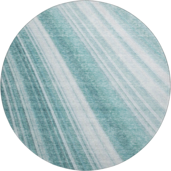 HomeRoots 8' Teal and Ivory Striped Round Rug - Washable, UV Protected, Soft Comfort for High-Traffic Areas 677516