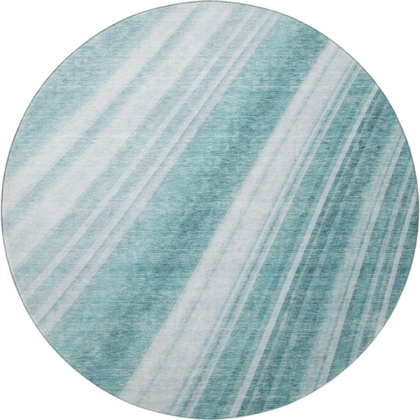 HomeRoots 8' Teal and Ivory Striped Round Rug - Washable, UV Protected, Soft Comfort for High-Traffic Areas 677516