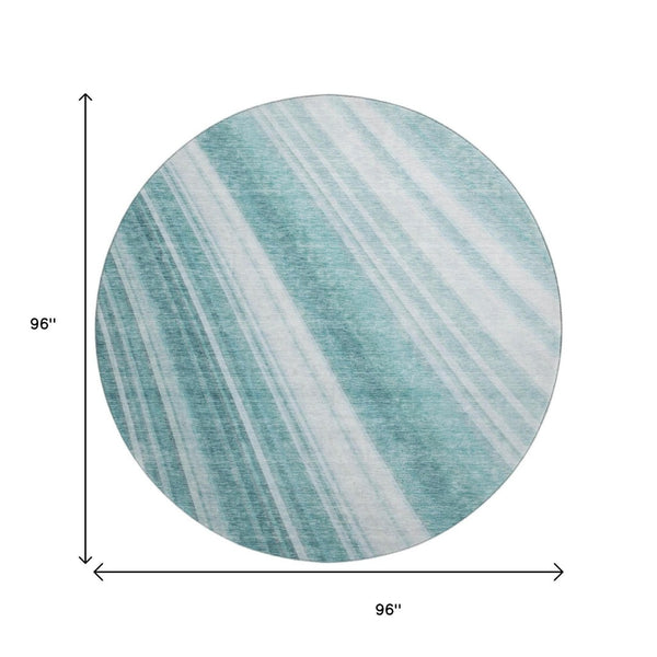 HomeRoots 8' Teal and Ivory Striped Round Rug - Washable, UV Protected, Soft Comfort for High-Traffic Areas 677516