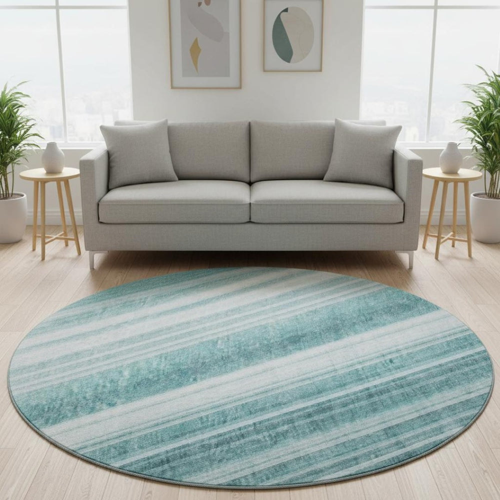 HomeRoots 8' Teal and Ivory Striped Round Rug - Washable, UV Protected, Soft Comfort for High-Traffic Areas 677516