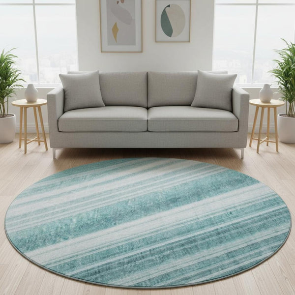 HomeRoots 8' Teal and Ivory Striped Round Rug - Washable, UV Protected, Soft Comfort for High-Traffic Areas 677516